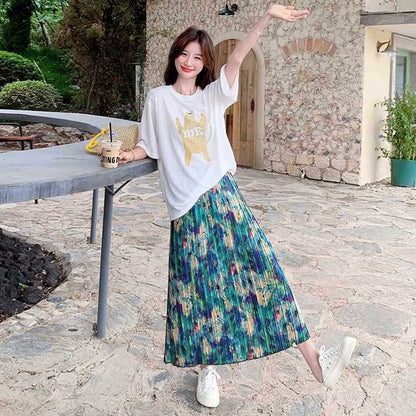 2点セット！【セットアップ】夏 カジュアル Tシャツ＋ 油絵プリント グラデーションスカート上下セット【SHシリーズ】