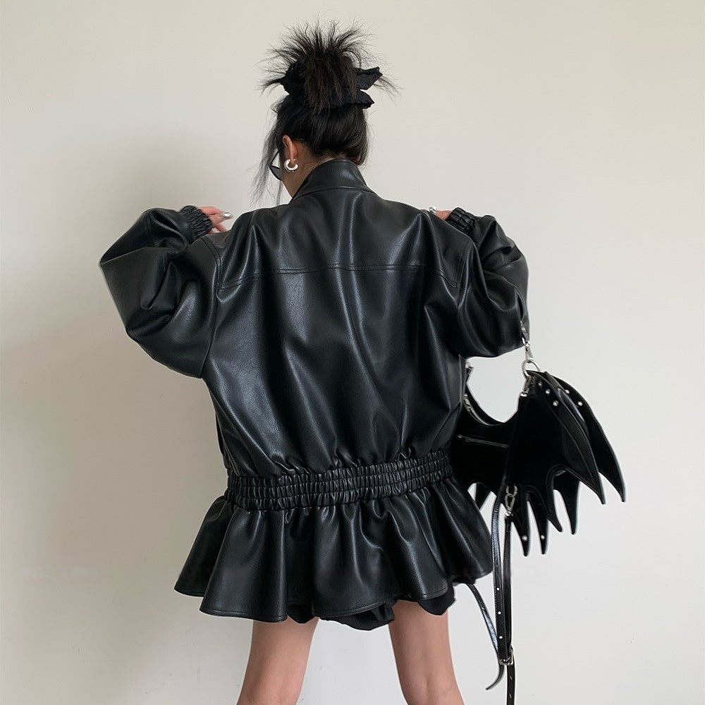 【アウター】春 秋 冬 ファッション ブラック フリル PU ジャケット【FCシリーズ】