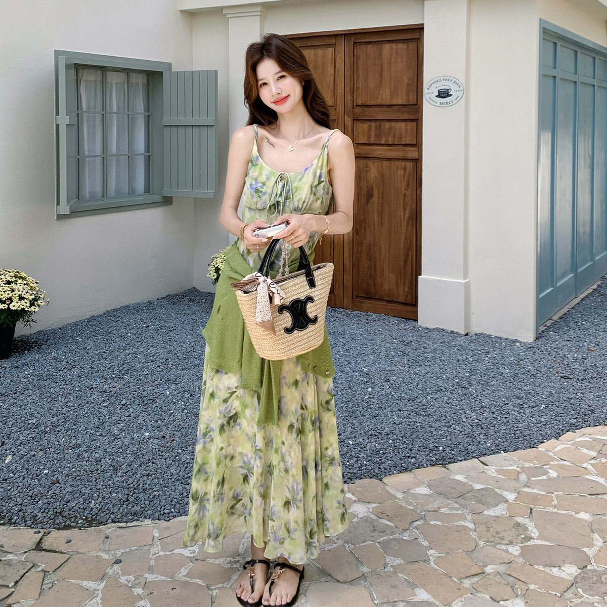 【セットアップ】森ガール風 花柄キャミワンピース＋シフォンカーディガン セット レディース 夏 ロングワンピース UV対策 リゾート【SHシリーズ】
