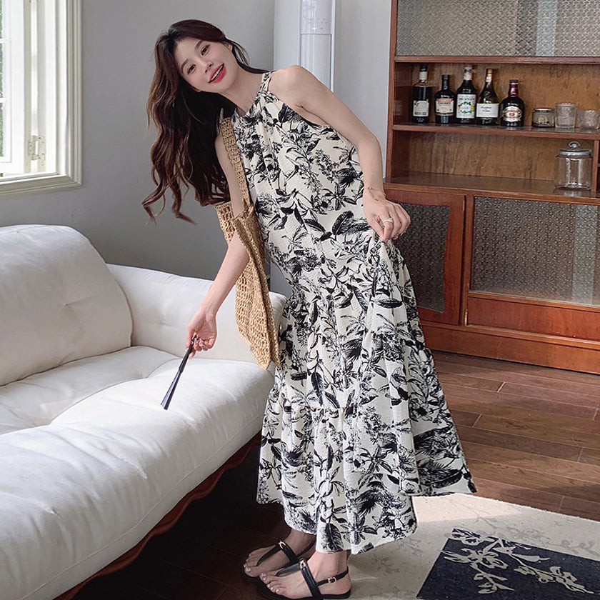 【ワンピース】夏新作 フレンチチャイナ 水墨花柄 ハイネック ノースリーブワンピース【SHシリーズ】