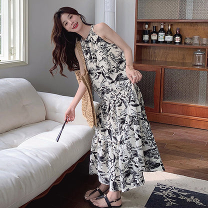 【ワンピース】夏新作 フレンチチャイナ 水墨花柄 ハイネック ノースリーブワンピース【SHシリーズ】