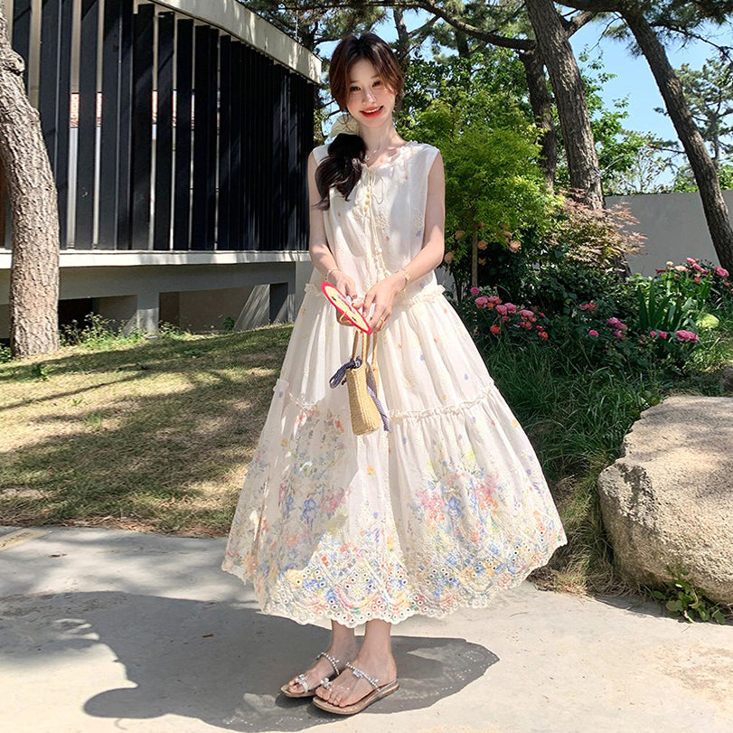 【ワンピース】スイート系 小花柄 ノースリーブ ワンピース 夏 上品 細見え タンク ロングドレス【SHシリーズ】