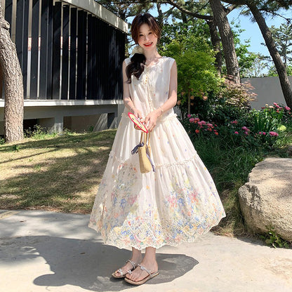 【ワンピース】スイート系 小花柄 ノースリーブ ワンピース 夏 上品 細見え タンク ロングドレス【SHシリーズ】