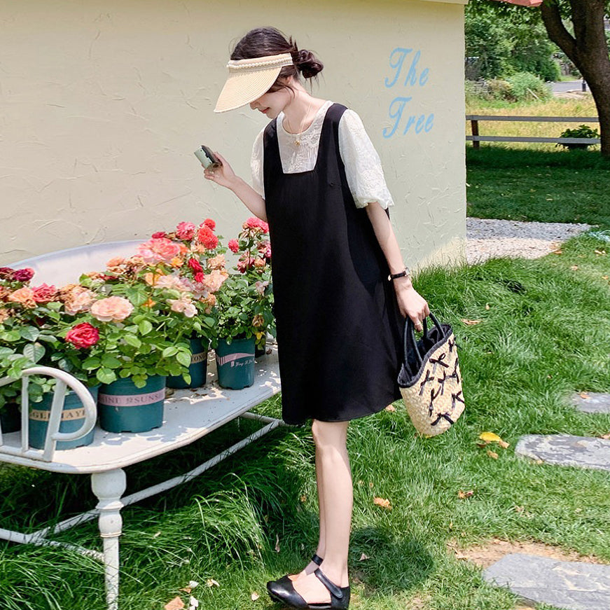 【ワンピース】配色 ワンピース レディース 夏 レイヤード風 半袖 ロングワンピース 細見え リボンデザイン 人気 フレンチ風【JZシリーズ】