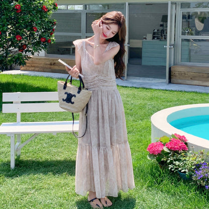 【ワンピース】フレンチ 小花柄 フリルスリーブ ワンピース レディース 夏新作 リゾート風 ロング丈 ノースリーブ【SHシリーズ】