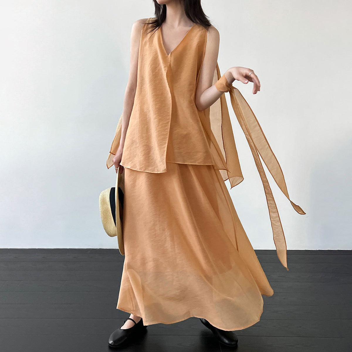 【セットアップ】リゾート風 ノースリーブ トップス & シアースカート 上下セット レディース 夏 フレア Aライン ゆったり 体型カバー フェミニン 人気【JZシリーズ】