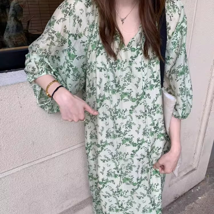 【ワンピース】Vネック半袖 花柄ワンピース レディース 七分袖 ミモレ丈 ゆったりシルエット【SHシリーズ】