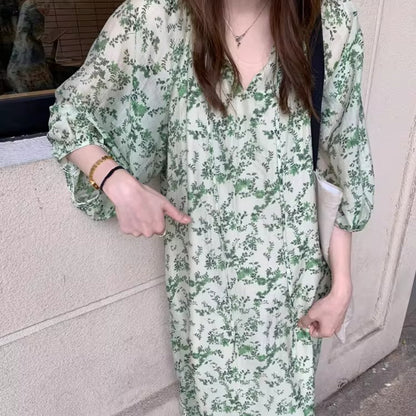 【ワンピース】Vネック半袖 花柄ワンピース レディース 七分袖 ミモレ丈 ゆったりシルエット【SHシリーズ】
