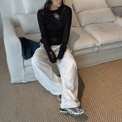 【トップス】ダメージ加工 クルーネック 透かし編み ウール 長袖 Ｔシャツ 【JZシリーズ】