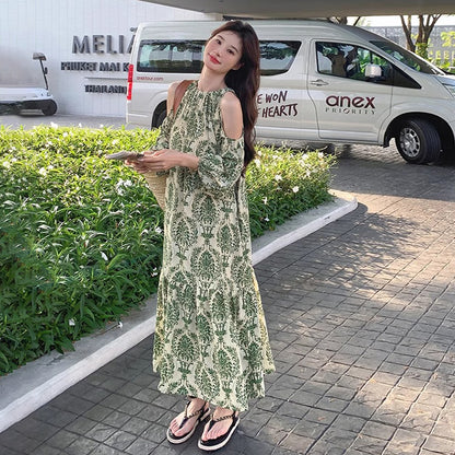 【ワンピース】フレンチエレガンス オフショルダー 花柄 半袖ワンピース 夏 海辺バカンス ロングドレス【SHシリーズ】