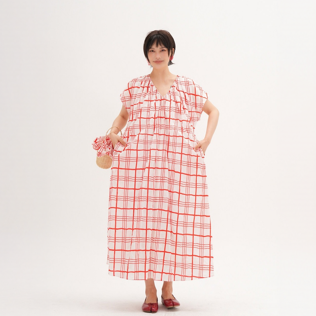 【ワンピース】チェック柄 Vネック ネックリボン付き ウエストマーク リゾート風 半袖 ワンピース 【JZシリーズ】