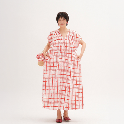 【ワンピース】チェック柄 Vネック ネックリボン付き ウエストマーク リゾート風 半袖 ワンピース 【JZシリーズ】