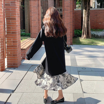 【ワンピース】春 秋 冬 大人フェミニン 墨絵プリント 気質よい 着痩せ 長袖ワンピース【SHシリーズ】