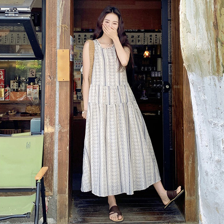 【ワンピース】夏 配色 花柄 韓国風スウィート 気質リゾート ノースリーブワンピース【SHシリーズ】