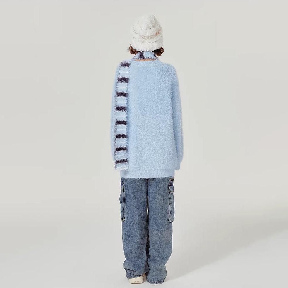 マフラー付き【トップス】猫柄 ニット セーター レディース 秋冬 ゆったり ふわふわ あったか セーター【FCシリーズ】