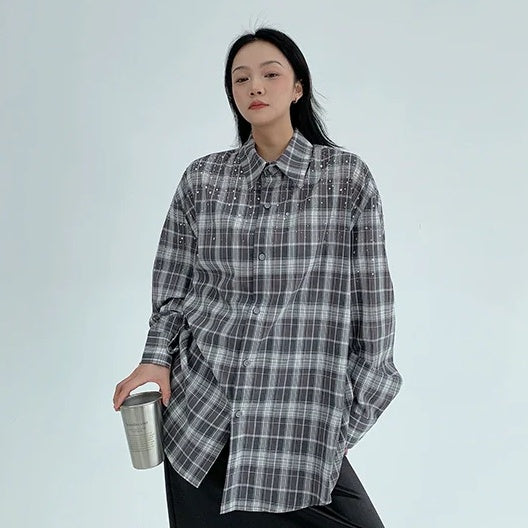 【トップス】春 秋 冬 レトロ ラインストーン チェック 長袖シャツ  【FCシリーズ】