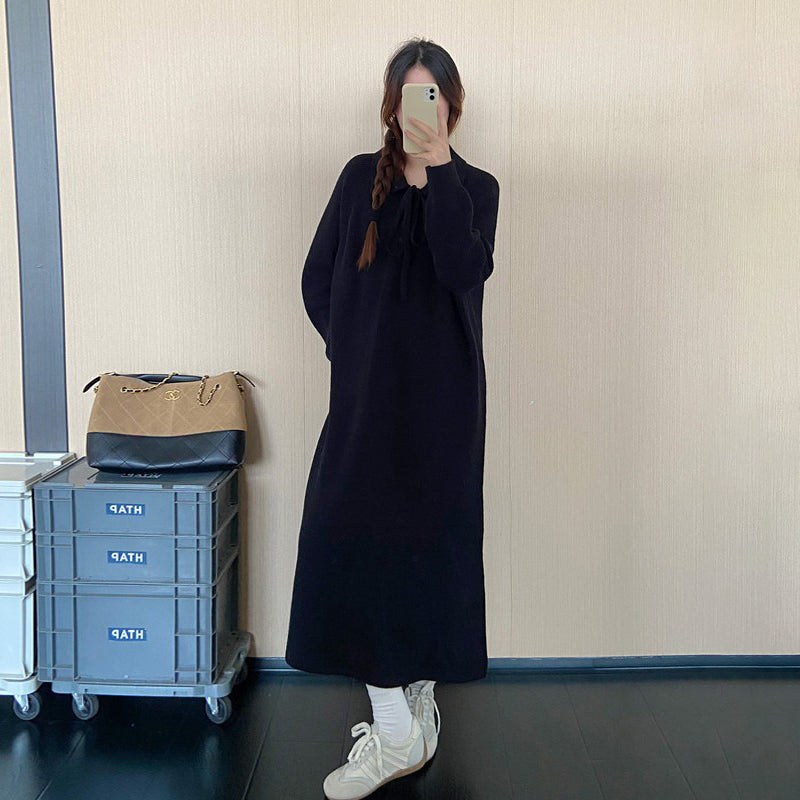 【ワンピース】大人上品リボンニットワンピース レディース 秋冬新作 長袖 ロング丈 ゆったり 通勤コーデ【JZシリーズ】