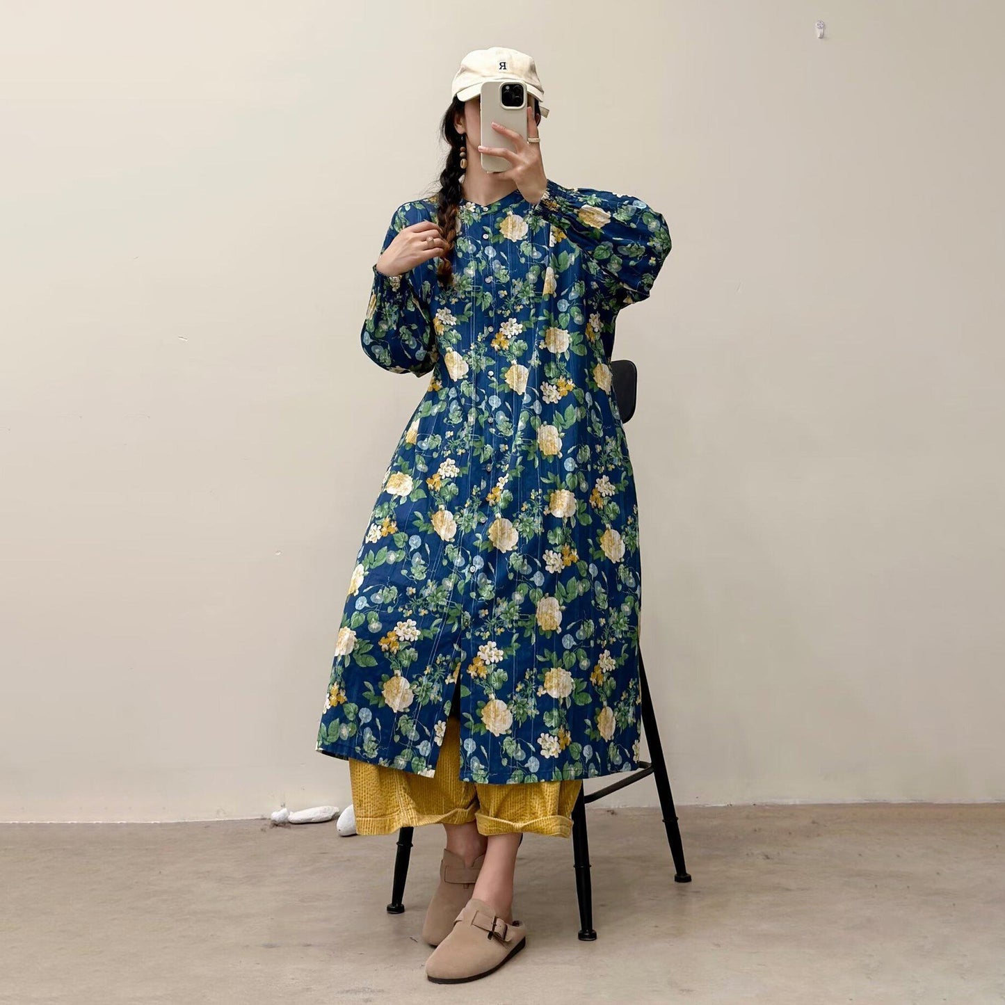 選べる7柄！【ワンピース】🎀カジュアルかわいい丸首プリントワンピース 長袖 シングルボタン 春新作 韓国風ウエストシェイプ レディース【SHシリーズ】