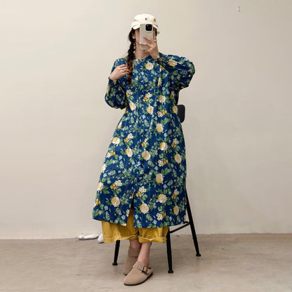 選べる7柄！【ワンピース】🎀カジュアルかわいい丸首プリントワンピース 長袖 シングルボタン 春新作 韓国風ウエストシェイプ レディース【SHシリーズ】