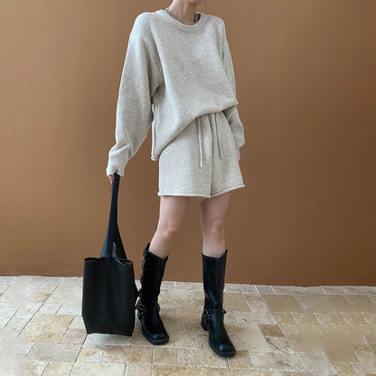 【24AW】【ボトムス】リラックス ラウンドネック ルーズ セーター + ショーツ 2点上下セット【SNシリーズ】