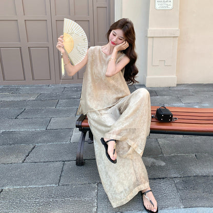 2点セット！【セットアップ】オールドマネー風 レース切替 夏 ベスト+ワイドパンツ 上下セット 上品 高級感【JZシリーズ】