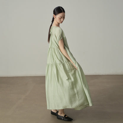 【ワンピース】ワンピース レディース ティアード 半袖ワンピース フリルスリーブ ロング丈 ゆったり フェミニン【JZシリーズ】【10～15日内発送】