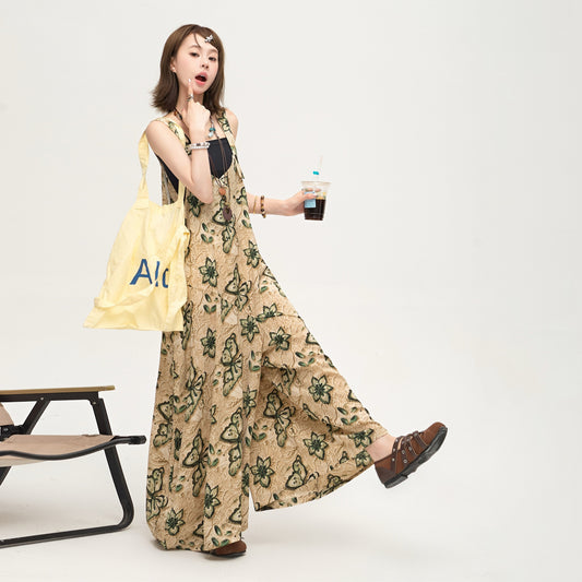 【ボトムス】ゆったりルーズ感 オーバーサイズ Vネック オールインワン 夏新作 バタフライプリント サロペット【SHシリーズ】