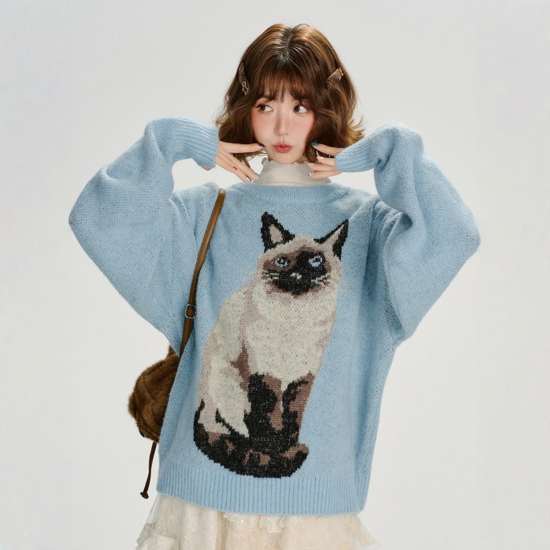 【トップス】ジャガード ラウンドネック 厚手 ゆったり ニット セーター 【FCシリーズ】