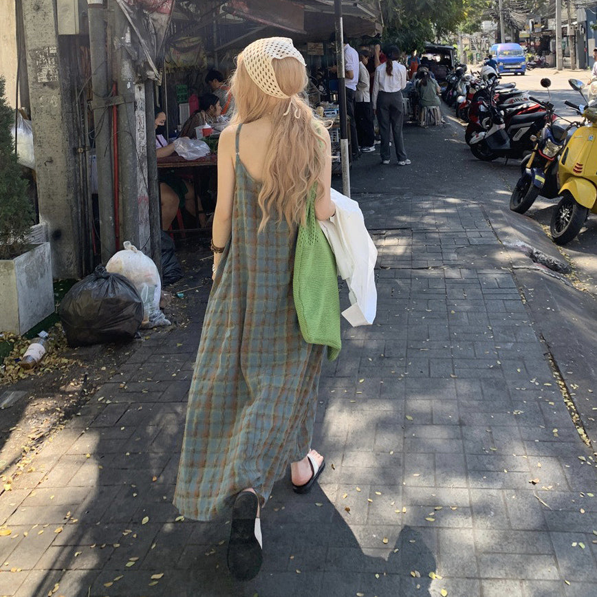 【ワンピース】大きいサイズ 気質 リゾート風 チェック柄 ノースリーブ キャミワンピース【SHシリーズ】