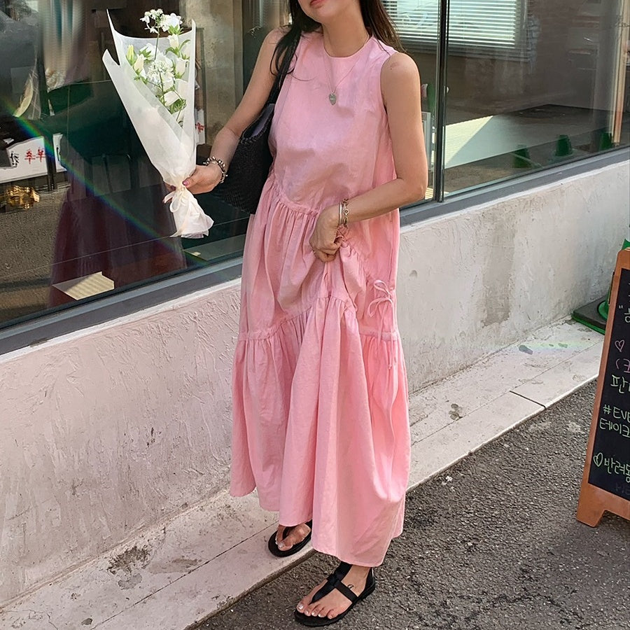 [連身裙] 夏季圓領寬鬆不規則無袖連身裙