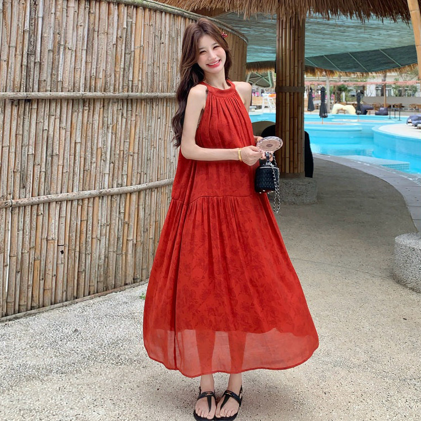 【ワンピース】夏新作 レッド ジャガード ホルターネック ワンピース オリエンタル レトロ 海辺 リゾート ロング丈【SHシリーズ】