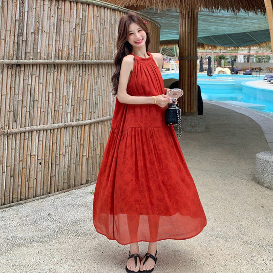 【ワンピース】夏新作 レッド ジャガード ホルターネック ワンピース オリエンタル レトロ 海辺 リゾート ロング丈【SHシリーズ】