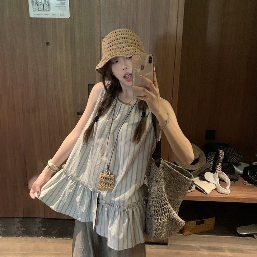【セットアップ】【単品注文】ストライプ柄 アシンメトリー ノースリーブトップス ワイドパンツ 上下セット フレンチ風 カジュアル【JZシリーズ】