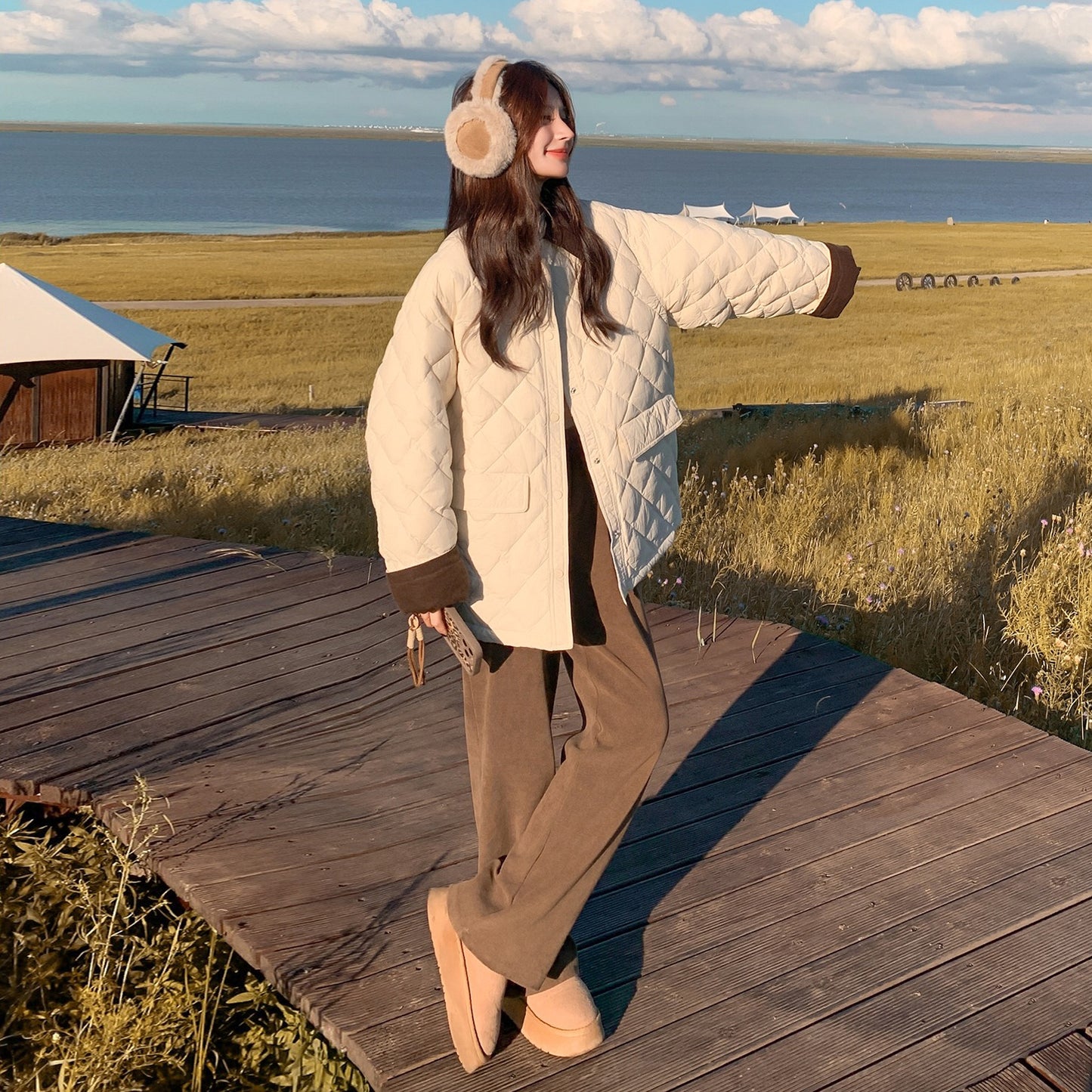 【アウター】バイカラー＆大きめポケット🎵 上品 中綿コート レディース 秋冬 韓国風 綿入れコート【JZシリーズ】