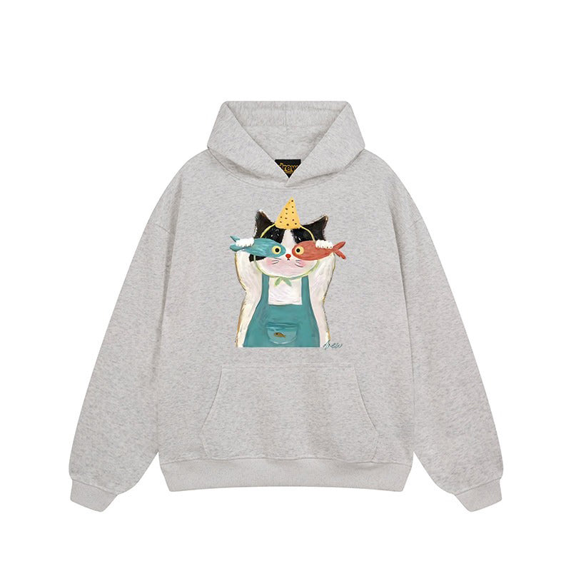 【トップス】🐱アメリカンストリート猫プリントパーカー ユニセックス コットン オーバーサイズ 秋冬コーデ【FCシリーズ】