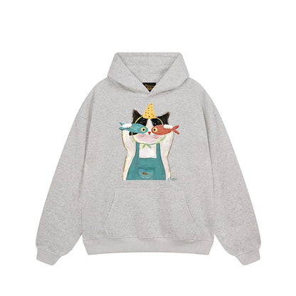 【トップス】🐱アメリカンストリート猫プリントパーカー ユニセックス コットン オーバーサイズ 秋冬コーデ【FCシリーズ】