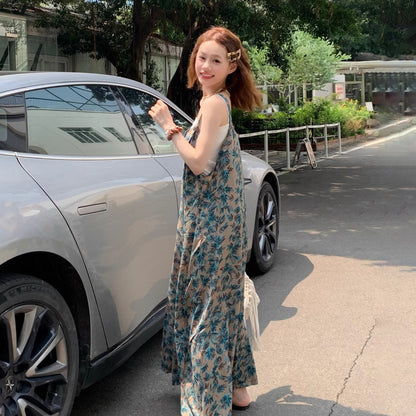 【ボトムス】夏新作 ナチュラルムード 青草プリント オーバーサイズサロペット ゆる感 オールインワン【SHシリーズ】