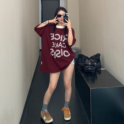 【トップス】リラックス感 小众デザイン 切り替えプリント 半袖Tシャツ【FCシリーズ】