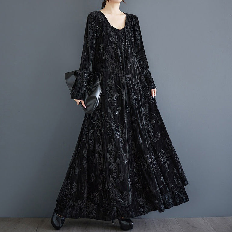 【60%OFF⭐️早い者勝ち】【ワンピース】レトロ ダークチャイナ風 ノースリーブワンピース チャイナボタン ブラック ミディ丈 レディース ロングドレス【SHシリーズ】