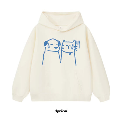 8カラー | S~3XL【トップス】猫犬イラスト 手描き風アメリカンプリント ヘビーウェイト フードパーカー ユニセックス ペアOK【FCシリーズ】