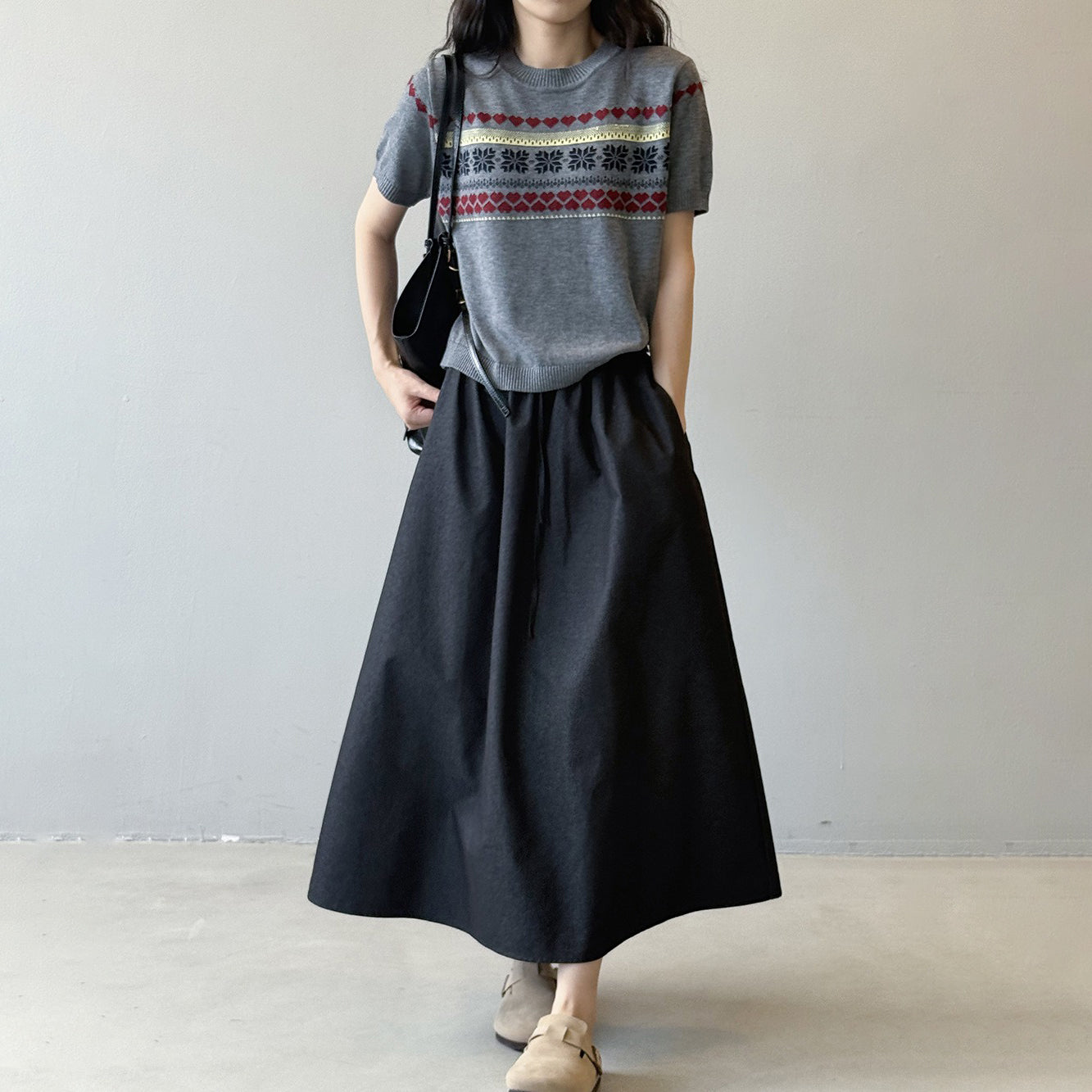 【ボトムス】韓国風 ハイウエスト ワークスカート レディース 秋新作 エレガント シンプル Aライン 細見えミモレ丈スカート【JZシリーズ】