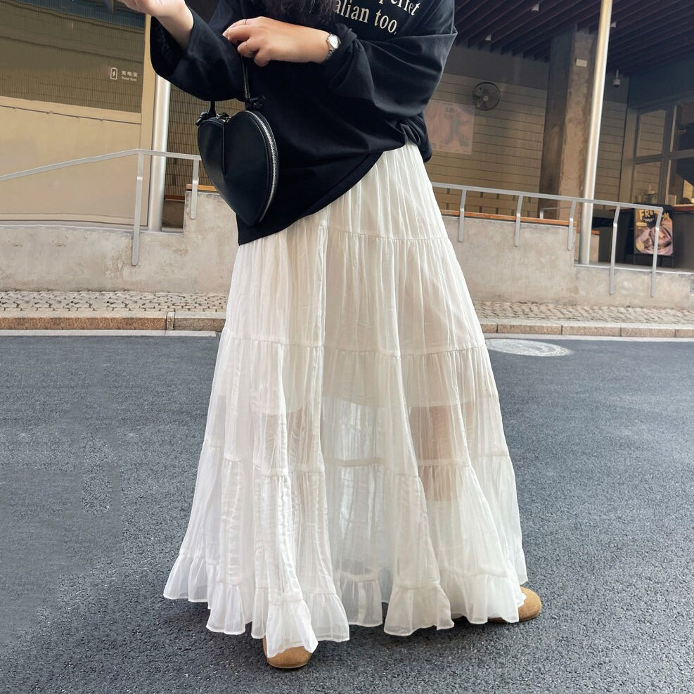 【ボトムス】春夏新作 レディース シフォンロングスカート ハイウエスト 体型カバー 切り替え ティアードスカート リゾート風【JZシリーズ】