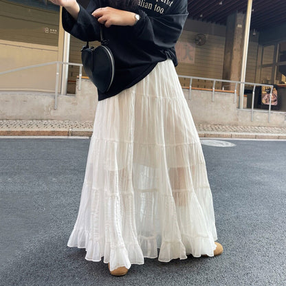 【ボトムス】春夏新作 レディース シフォンロングスカート ハイウエスト 体型カバー 切り替え ティアードスカート リゾート風【JZシリーズ】