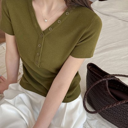 【トップス】Vネック ニットトップス レディース 春新作 半袖 フィット 体型カバー きれいめ カジュアル【JZシリーズ】