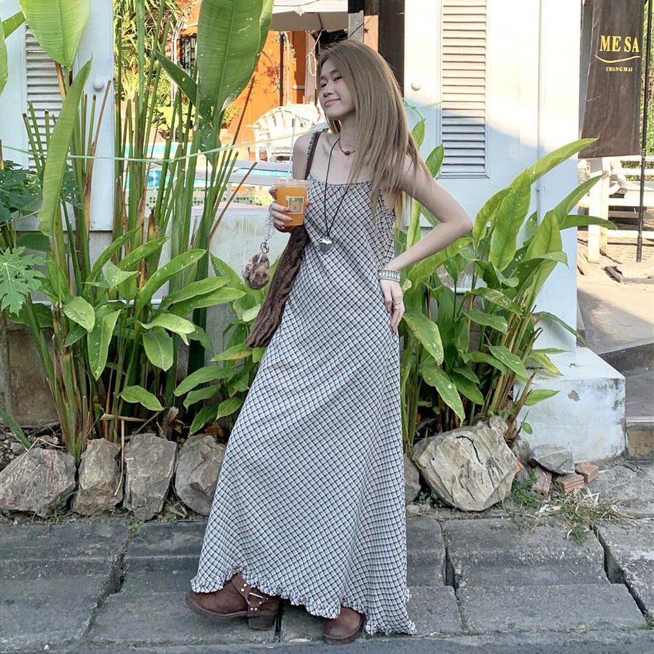 M~4XL【ワンピース】チェック柄ノースリーブ キャミワンピース レディース 夏 Aライン フリル ゆったり 体型カバー【SHシリーズ】