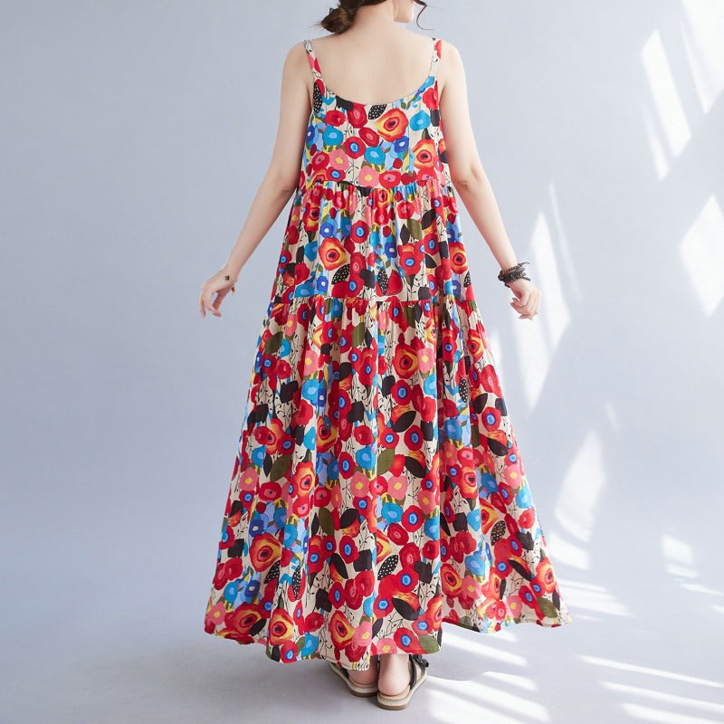 【ワンピース】体型カバー 花柄キャミワンピース｜ゆったり大きめサイズ ヴィンテージ風ロングノースリーブワンピース【SHシリーズ】