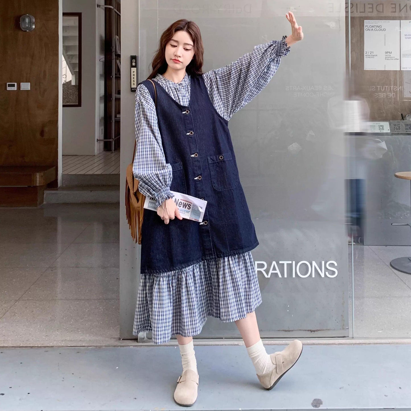 2点セット【セットアップ】韓国風 レトロ 学院スタイル デニム ジレワンピースセット レディース 2025年秋新作 チェック柄【SHシリーズ】