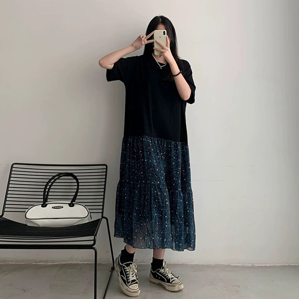 【ワンピース】大きいサイズ レディース 花柄フェイクレイヤードワンピース 夏 切替デザイン Aライン 半袖 ロングワンピース 体型カバー 着痩せ【JZシリーズ】