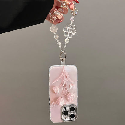 【グッズ】iPhone 16 Pro Max / 15 Pro / 14 PM / 13 / 12 / 11 PM 用 春新作 淡いピンク クリームカラー チューリップ 全面保護 レンズカバー付き 高級感 小众 レディース ストラップ付き