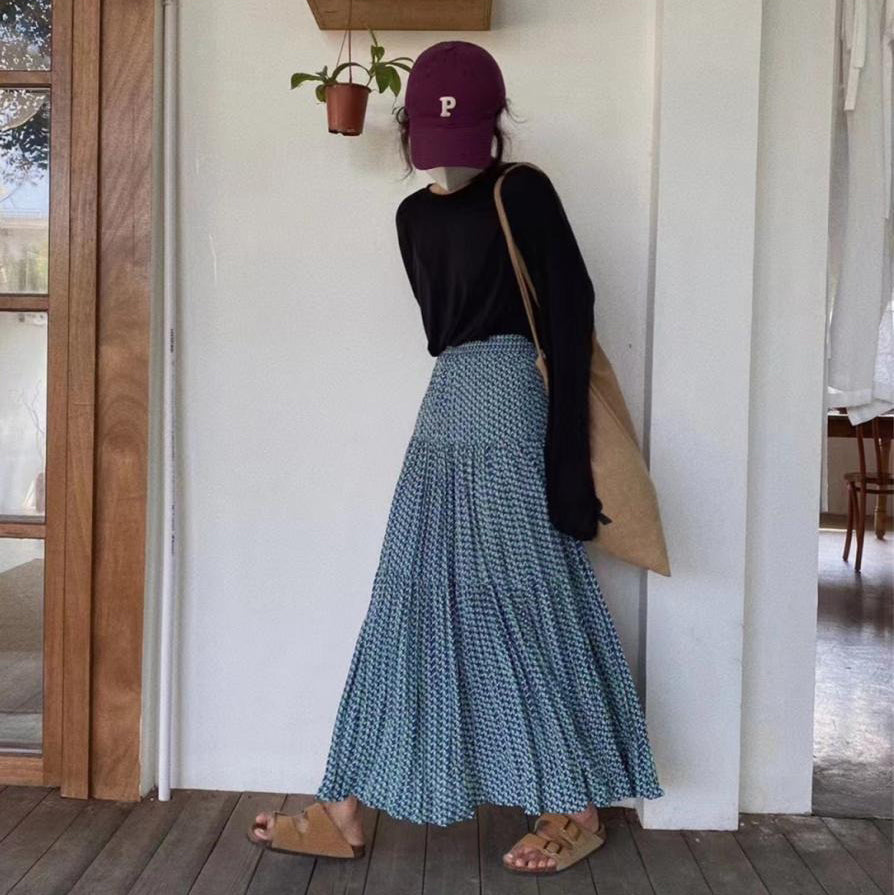 【ボトムス】ハイウエスト フラワープリーツスカート ロング丈 ゆったり 体型カバー 韓国風 おしゃれコーデ【SHシリーズ】